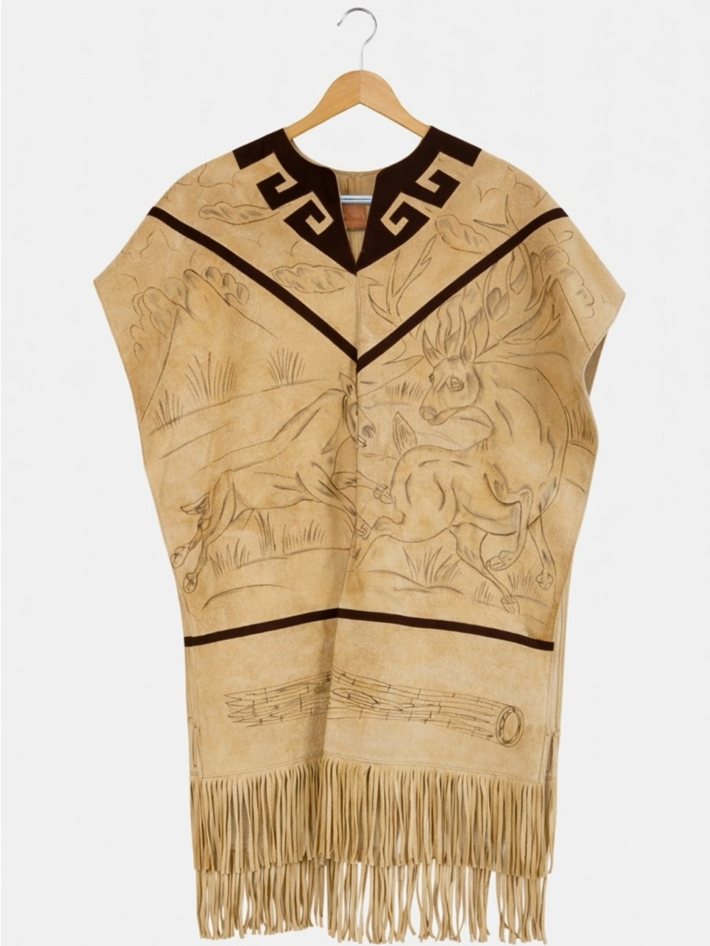 Vintage Suede Leather Fringe Poncho Deer Western‎ Unisex